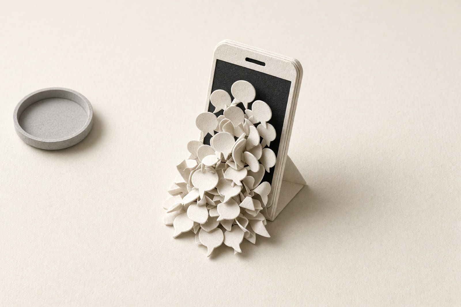 Um telefone de papel soterrado por balões de mensagem, um funil preto e uma bandeja